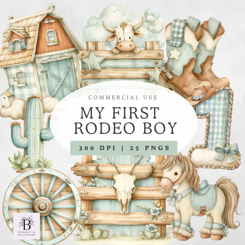My First Rodeo Boys Clipart- Cowboy Birthday, Western Baby Shower Art ...