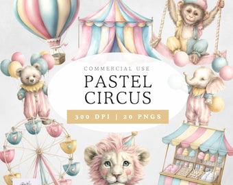 Conjunto de imágenes prediseñadas de circo pastel / Imágenes prediseñadas de dragón pastel / Imágenes prediseñadas de fiesta de cumpleaños caprichosa / Lindas ilustraciones de bebé dragón de fantasía