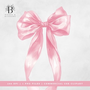 May include: A watercolor illustration of a large, light pink bow with long, flowing ribbons. The bow is tied in the center and has a soft, satin-like texture. The image includes the text "Whimsy & Blossoms" and "300 DPI | 1 PNG FILES | COMMERCIAL USE CLIPART".