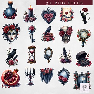 Dark Romance Sticker Clipart, 39 PNG Gothic Clipart Bundle, Dark Floral Clipart, Junk Journal Ephemera, Digital Stickers Commercial Use image 3