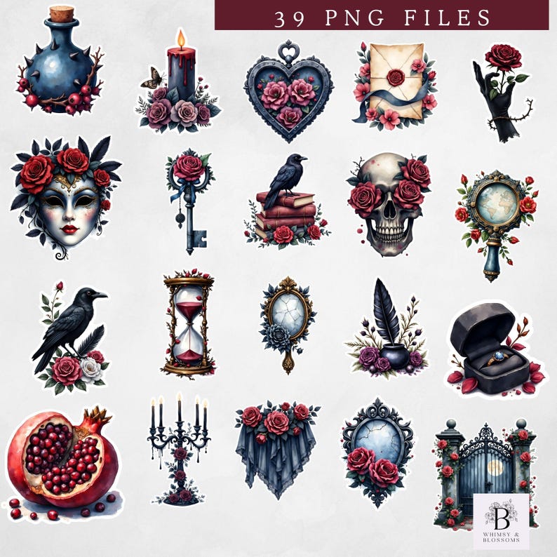 Dark Romance Sticker Clipart, 39 PNG Gothic Clipart Bundle, Dark Floral Clipart, Junk Journal Ephemera, Digital Stickers Commercial Use image 3