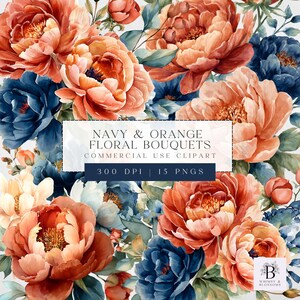 Puede incluir: Diseño de ramo floral en acuarela con flores azul marino, naranja y melocotón. La imagen incluye el texto "NAVY & ORANGE FLORAL BOUQUETS COMMERCIAL USE CLIPART 300 DPI 15 PNGS". El diseño es de Whimsy & Blossoms.