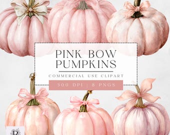 Pink Watercolor Pumpkin Bow Clipart, Watercolor Pumpkin Bows Clipart, Transparent PNG for Commercial Use