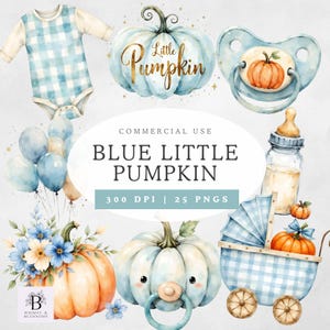 May include: Watercolor illustrations featuring a baby theme. Includes a blue and orange pumpkin, a baby bottle, a pacifier, a baby carriage, balloons, and a onesie. The text reads "Blue Little Pumpkin".
