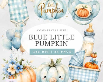 Blue Little Pumpkin Clipart Set | Baby Shower Clipart PNG | Fall Baby Clip Art | Watercolor Pumpkins | Boy Baby Shower Decor | Autumn
