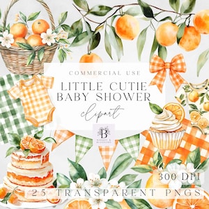 Eine kleine süße Babyparty Clipart, süße Orange PNG, Aquarell Grafiken, digitaler Download für Einladungen, kommerzielle Nutzung, Zitrus Grafiken