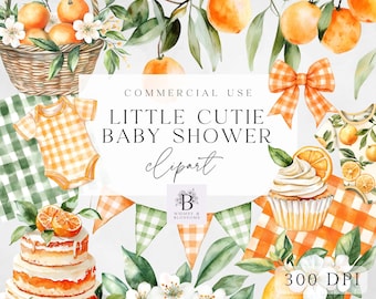 A Little Cutie Baby Shower Clipart, Cute Orange PNG, Watercolor Graphics, Digital Download for Invitations, Commercial Use, Citrus Graphics