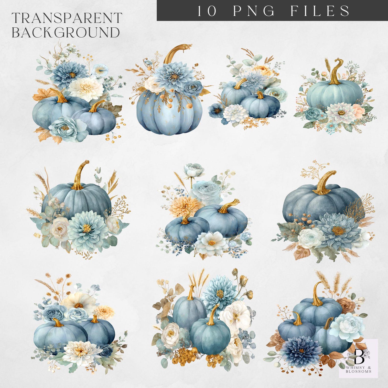 Dusty Blue Floral Pumpkin Clipart, Watercolor Fall Pumpkin Clipart ...