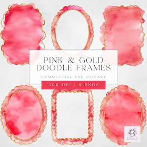 Golvende frame clipart, roze en gouden randen en frames, digitale download, felroze en goud, illustraties voor doe-het-zelfprojecten, commercieel gebruik, 300 dpi