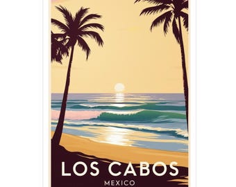 Pode incluir: Um cartaz de viagem vintage com uma cena de pôr do sol sobre uma praia em Los Cabos, México. O cartaz apresenta duas palmeiras silhuetas contra o céu laranja e amarelo, com um oceano azul e ondas em primeiro plano. O texto "LOS CABOS MÉXICO" está impresso na parte inferior do cartaz.