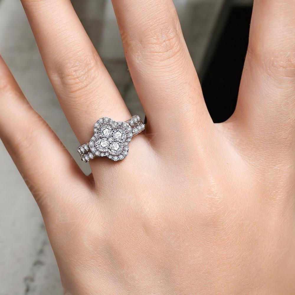 Moissanite Clover Ring: 18K White Gold Plated Sterling
