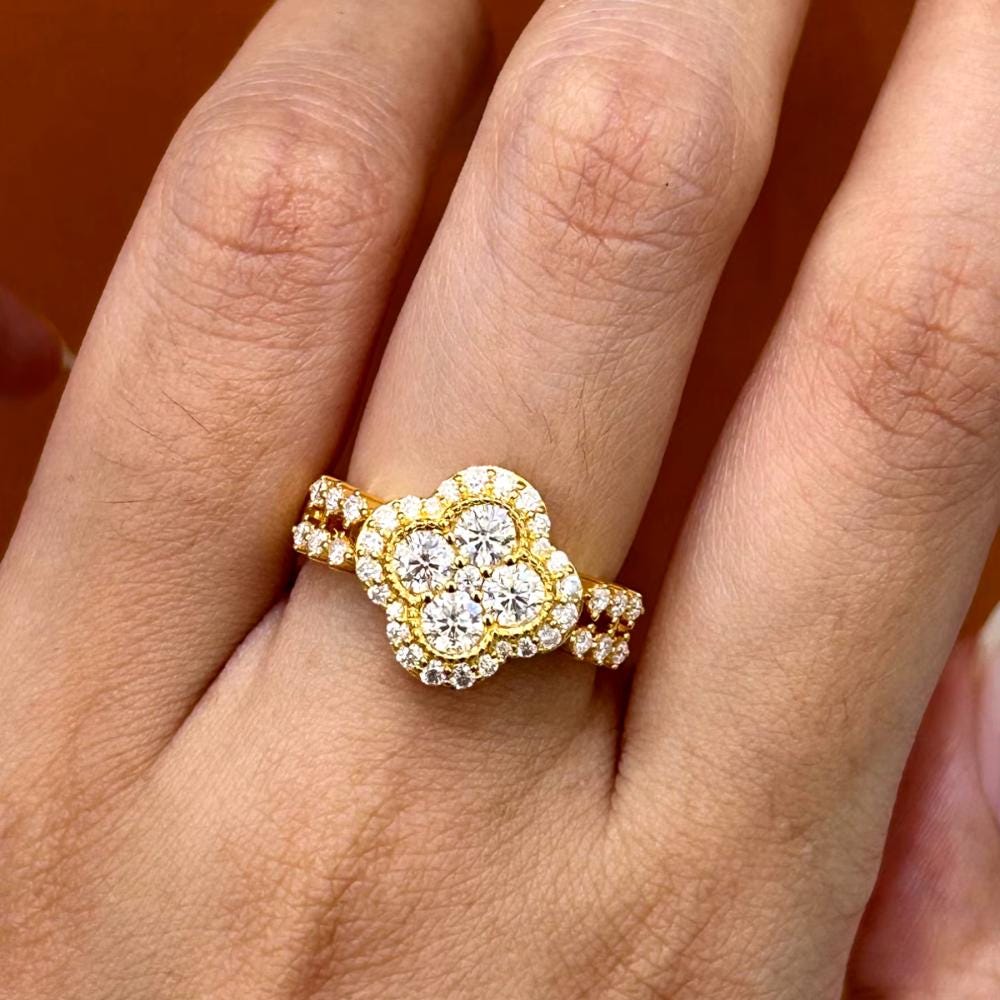 Moissanite Clover Ring: 18K White Gold Plated Sterling