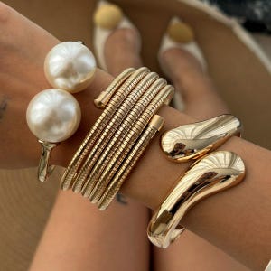 Vintage Gold Cuff Bracelet– Gold & Silver Layered/ Pearl Open Bangle Bracelet/ Geometric Chunky Cuff Bracelet/ Statement Bracelet for Women