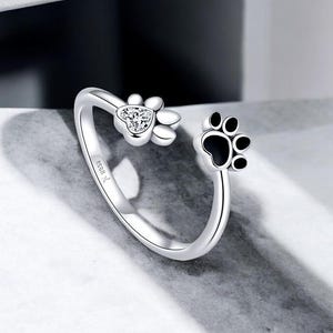 Adjustable Paw Print Ring: 925 Sterling Silver Zircon Pet Memorial