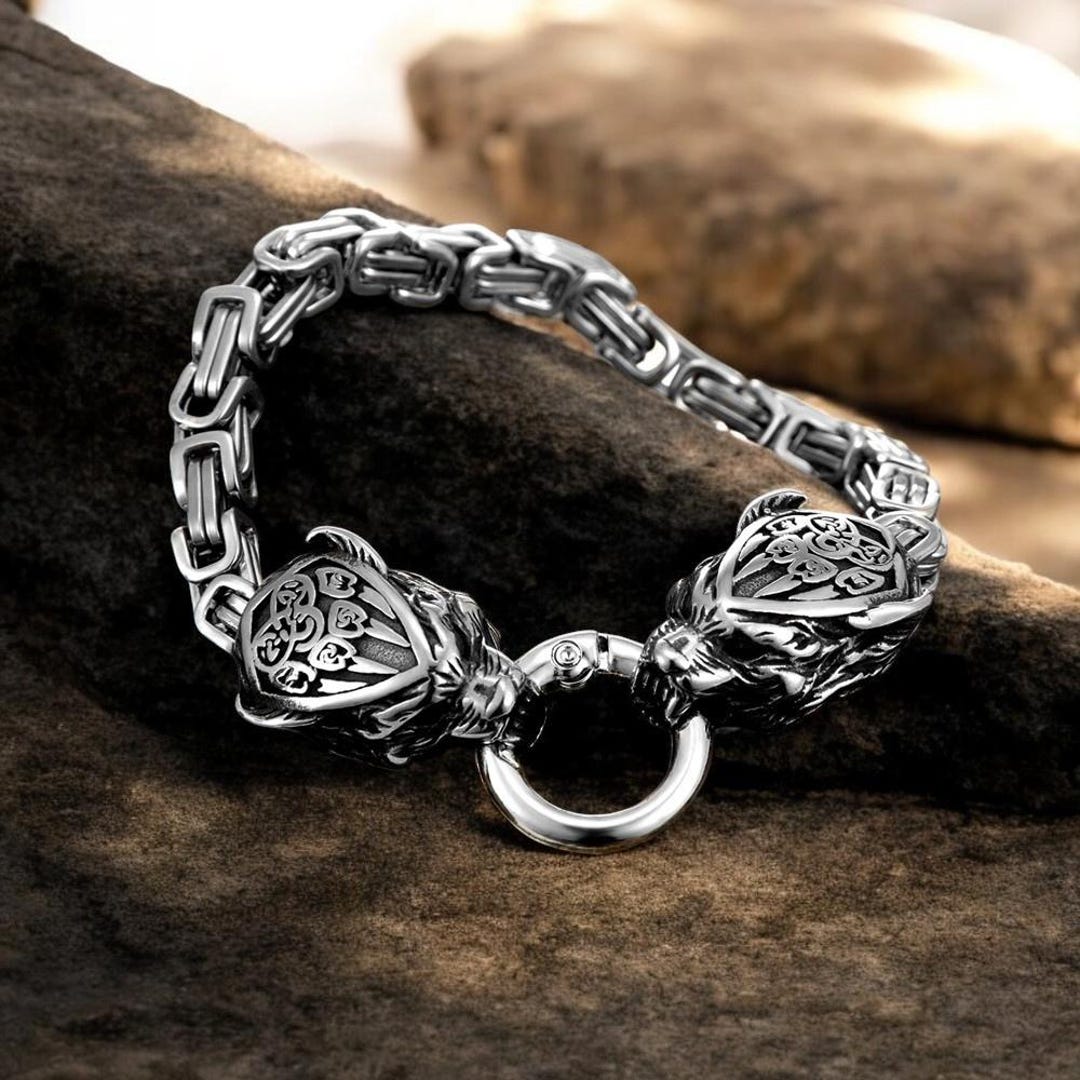 Men Viking Wolf Head Cuff Stainless Steel Norse Bracelet - Foto 3