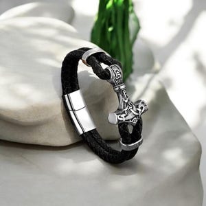 Men&#39;s Viking Bracelet: Stainless Steel Thor&#39;s Hammer, Genuine Leather Wristband