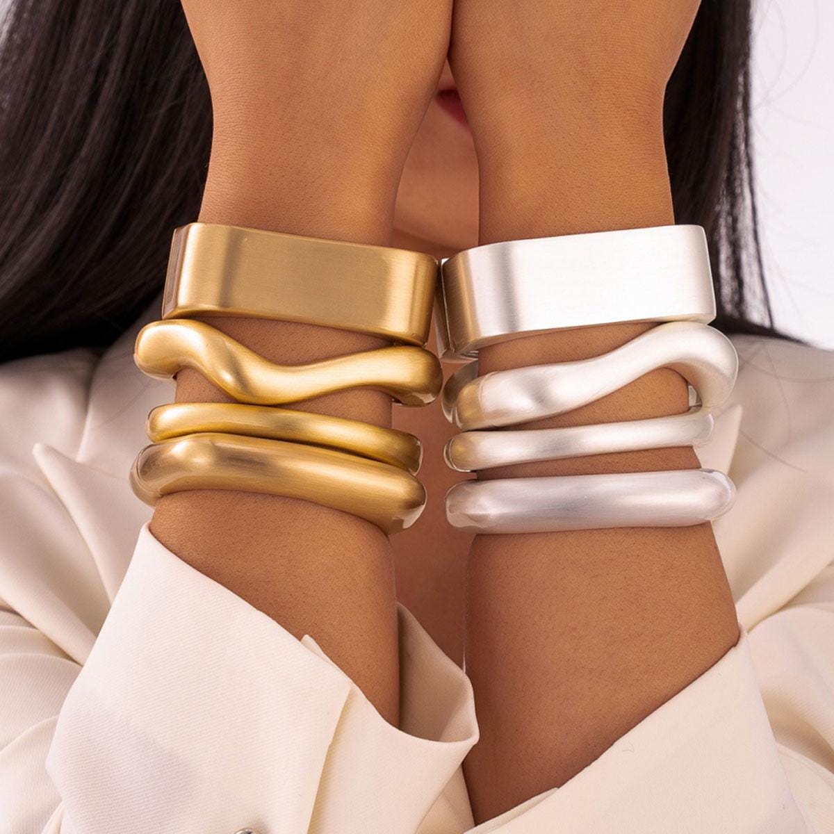 Chunky Matte Gold & Silver Cuff Bracelet Set: Sculptural Statement Bangles