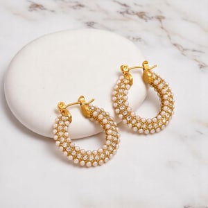 Gold Pearl Hoop Earrings: Crystal Rhinestone Bridal Jewelry