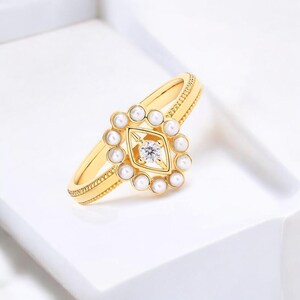 Moissanite and Natural Pearl Ring– Unique Engagement Ring for Her – Vintage-Inspired Pearl Ring – Dainty Gold Ring – June Birthstone Jewelry