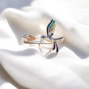 Sterling Silver Hummingbird Ring: Colorful Zircon Gemstone, Adjustable Ring