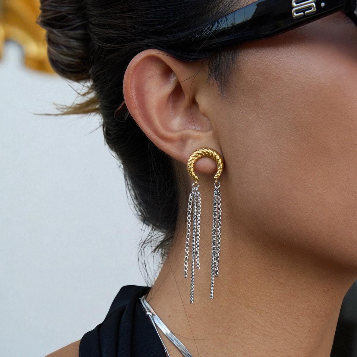 2.75" Clip-On Drop Earrings - Rock Textured Gold Tone Hoops, Vintage Tribal Style-524615
