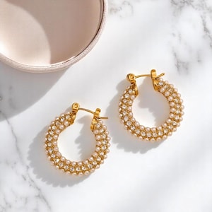 Gold Pearl Hoop Earrings: Crystal Rhinestone Bridal Jewelry