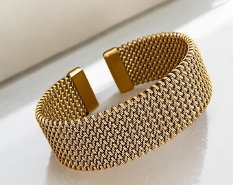 Vintage Braided Mesh Cuff Bracelet – Unique Gold & Silver Open Bangle Bracelet for Her/ Braided Bracelet Gift/ Holiday Gift/ Girlfriend Gift