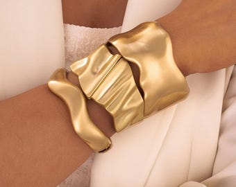 Matte Gold Cuff Bracelet: Wide Stainless Steel Bangle, Modern Jewelry
