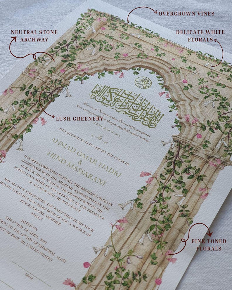 May include: A wedding certificate featuring a neutral stone archway illustration adorned with lush greenery, overgrown vines, and delicate white and pink florals. The document includes gold Arabic calligraphy, English text, and the names Ahmad Omar Hadri and Hend Massarani.