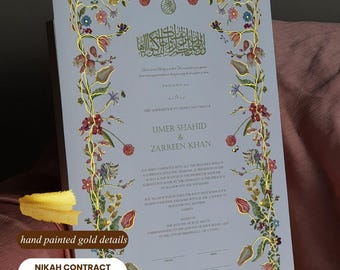 Luxury Nikah Contract, Islamic Marriage Certificate, Nikah Nama, Muslim Marriage Certificate, Giclee Print, Gold Inked Nikah Contract