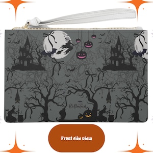 Spooky Halloween Clutch Bag, Vegan Leather Saffiano Finish | Haunted House & Witch Wristlet, Gothic Pumpkin Purse with Zipper