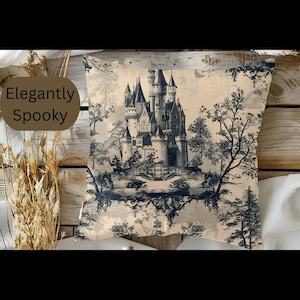 Vintage Haunted Castle Throw Pillow Cover, Gothic Dark Academia Home Decor, Spooky Halloween Accent Pillow Case, 14, 16, 18, 20 sq in