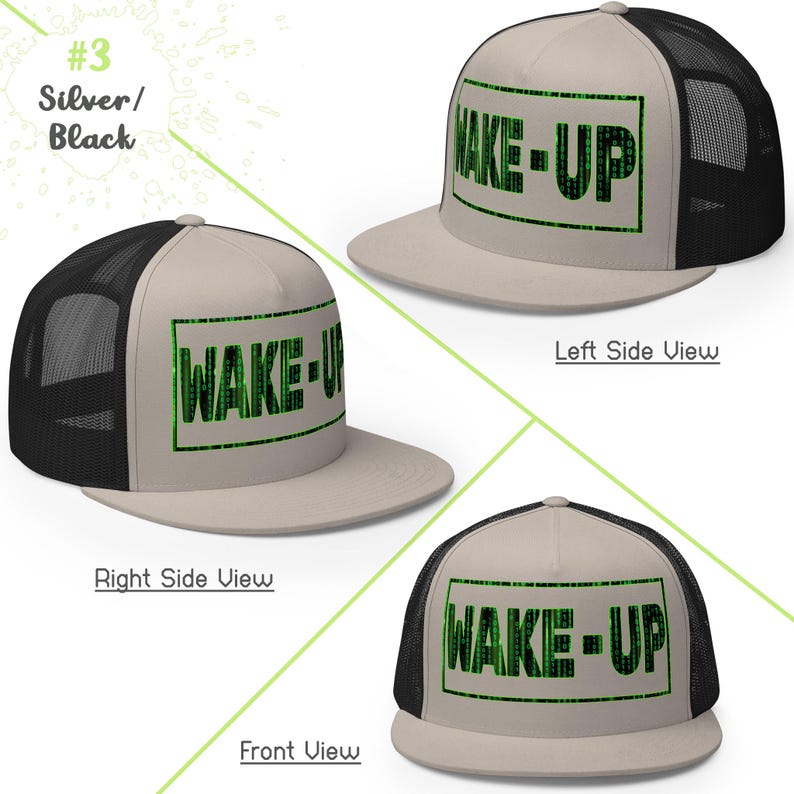 Matrix Wake Up Cap Woke Culture Black Snapback Hat Mesh Trucker Cap Flat Brim Cap Flat Bill Hat Hip Hop Cap cool snapback hat Skateboarding Cap Rapper streetwear New Earth gift for him for her Mens Womens summer Hats Designer Cap for Men Stylish Black Yupoong Snapback Fashion Accessories Trendy Urban Awake Blue Red Pill Yupoong 6006 Spritual awakening Birthday Present xmas Present for Geek Nerd Wake up from the Matrix 3D 5D Ascension Hat Awakening Binary Code mesh trucker hat Neo Matrix Snapback