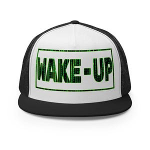 Matrix Wake Up Cap Woke Culture Black Snapback Hat Mesh Trucker Cap Flat Brim Cap Flat Bill Hat Hip Hop Cap cool snapback hat Skateboarding Cap Rapper streetwear New Earth gift for him for her Mens Womens summer Hats Designer Cap for Men Stylish Black Yupoong Snapback Fashion Accessories Trendy Urban Awake Blue Red Pill Yupoong 6006 Spritual awakening Birthday Present xmas Present for Geek Nerd Wake up from the Matrix 3D 5D Ascension Hat Awakening Binary Code mesh trucker hat Neo Matrix Snapback