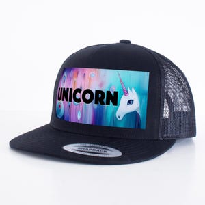 Unicorn Trucker Cap - Black Flat Bill Snapback Hat