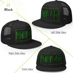 Matrix Wake Up Cap Woke Culture Black Snapback Hat Mesh Trucker Cap Flat Brim Cap Flat Bill Hat Hip Hop Cap cool snapback hat Skateboarding Cap Rapper streetwear New Earth gift for him for her Mens Womens summer Hats Designer Cap for Men Stylish Black Yupoong Snapback Fashion Accessories Trendy Urban Awake Blue Red Pill Yupoong 6006 Spritual awakening Birthday Present xmas Present for Geek Nerd Wake up from the Matrix 3D 5D Ascension Hat Awakening Binary Code mesh trucker hat Neo Matrix Snapback