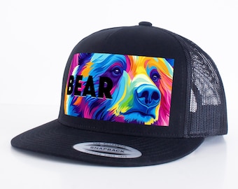 Bear Trucker Hat - Flat Brim Snapback Cap