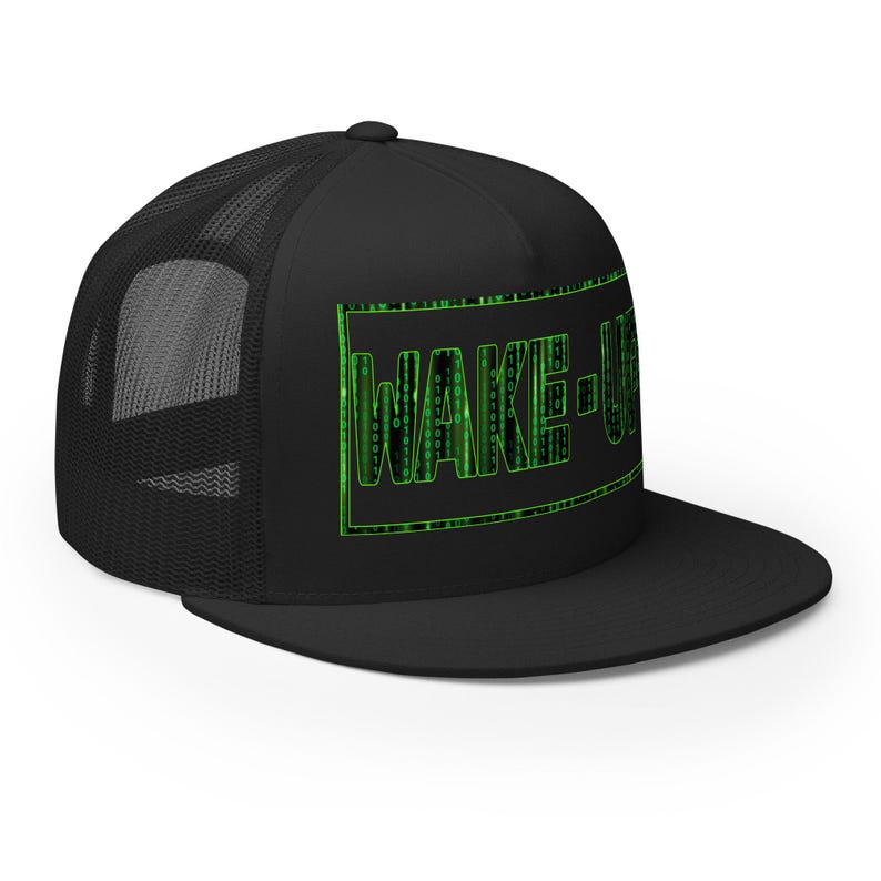 Matrix Wake Up Cap Woke Culture Black Snapback Hat Mesh Trucker Cap Flat Brim Cap Flat Bill Hat Hip Hop Cap cool snapback hat Skateboarding Cap Rapper streetwear New Earth gift for him for her Mens Womens summer Hats Designer Cap for Men Stylish Black Yupoong Snapback Fashion Accessories Trendy Urban Awake Blue Red Pill Yupoong 6006 Spritual awakening Birthday Present xmas Present for Geek Nerd Wake up from the Matrix 3D 5D Ascension Hat Awakening Binary Code mesh trucker hat Neo Matrix Snapback