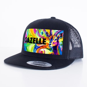 May include: Black trucker hat with a colorful abstract design featuring a gazelle and the word "GAZELLE" in black text.