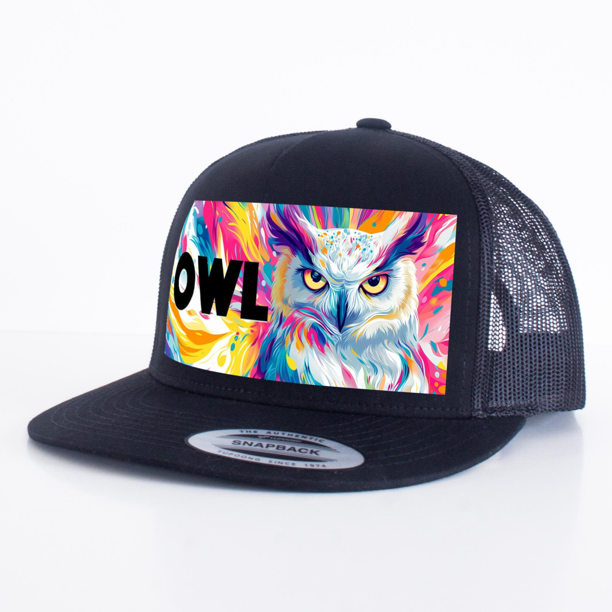 Wise Owl Trucker Hat - Black Flat Bill Mesh Snapback