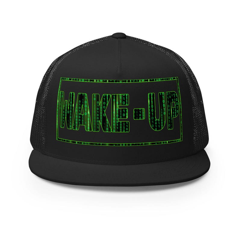 Matrix Wake Up Cap Woke Culture Black Snapback Hat Mesh Trucker Cap Flat Brim Cap Flat Bill Hat Hip Hop Cap cool snapback hat Skateboarding Cap Rapper streetwear New Earth gift for him for her Mens Womens summer Hats Designer Cap for Men Stylish Black Yupoong Snapback Fashion Accessories Trendy Urban Awake Blue Red Pill Yupoong 6006 Spritual awakening Birthday Present xmas Present for Geek Nerd Wake up from the Matrix 3D 5D Ascension Hat Awakening Binary Code mesh trucker hat Neo Matrix Snapback