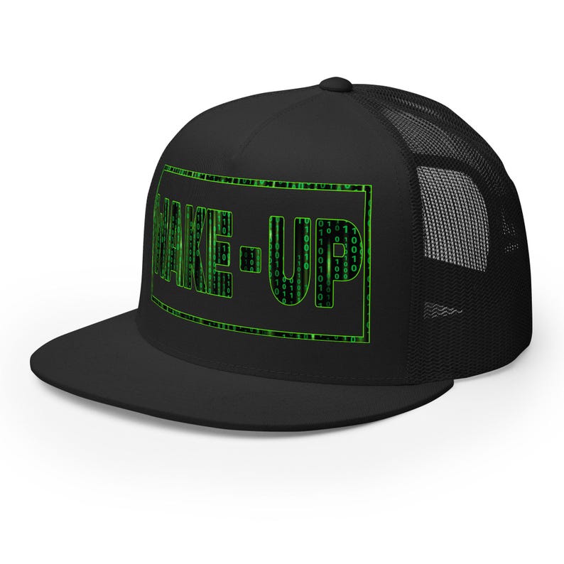 Matrix Wake Up Cap Woke Culture Black Snapback Hat Mesh Trucker Cap Flat Brim Cap Flat Bill Hat Hip Hop Cap cool snapback hat Skateboarding Cap Rapper streetwear New Earth gift for him for her Mens Womens summer Hats Designer Cap for Men Stylish Black Yupoong Snapback Fashion Accessories Trendy Urban Awake Blue Red Pill Yupoong 6006 Spritual awakening Birthday Present xmas Present for Geek Nerd Wake up from the Matrix 3D 5D Ascension Hat Awakening Binary Code mesh trucker hat Neo Matrix Snapback