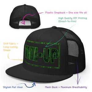 Matrix Wake Up Cap Woke Culture Black Snapback Hat Mesh Trucker Cap Flat Brim Cap Flat Bill Hat Hip Hop Cap cool snapback hat Skateboarding Cap Rapper streetwear New Earth gift for him for her Mens Womens summer Hats Designer Cap for Men Stylish Black Yupoong Snapback Fashion Accessories Trendy Urban Awake Blue Red Pill Yupoong 6006 Spritual awakening Birthday Present xmas Present for Geek Nerd Wake up from the Matrix 3D 5D Ascension Hat Awakening Binary Code mesh trucker hat Neo Matrix Snapback