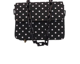 Bolso de mano Vanessa de lunares, color blanco y negro, convertible, con cadena, pequeño
