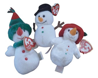 Lote de peluches navideños TY Jingle Beanies: Trío de muñecos de nieve y niñas de nieve, Chillin Flakes, 1999, con etiquetas.