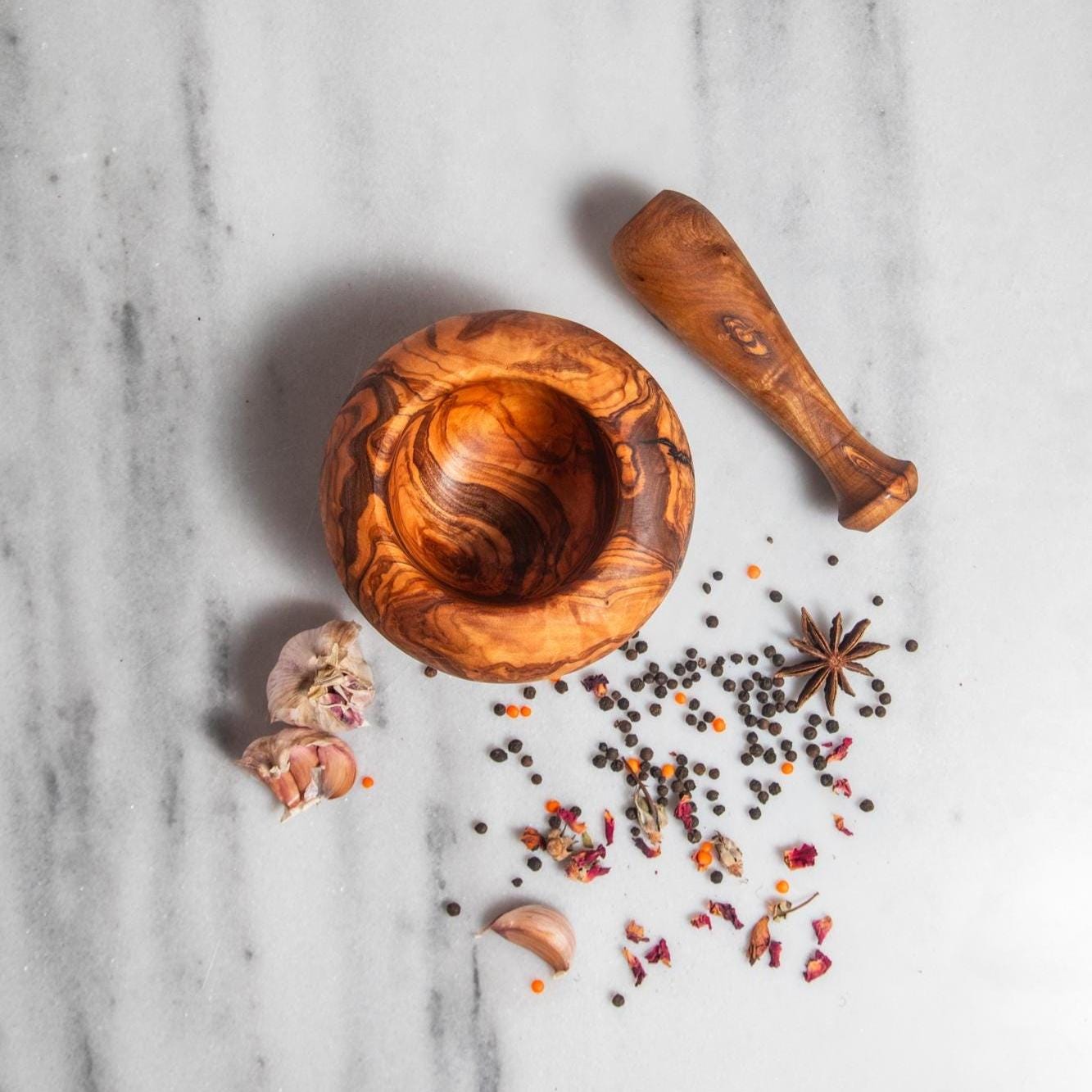 Rustic Olive Wood Mortar and Pestle – Organic Shape – Handmade Spice Grinder Bowl – Tunisian Artisan Kitchen Tool - Thumbnail 5