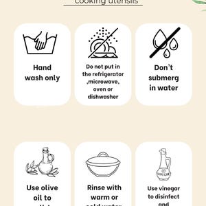 May include: A white graphic with care instructions for kitchenware, drinkware, and cooking utensils. Instructions include hand wash only, do not microwave, don't submerge in water, use olive oil to polish, rinse with warm or cold water, and use vinegar to disinfect.
