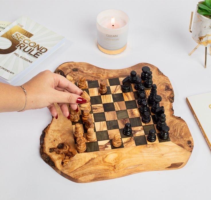 Handmade Olive Wood Chess Board | Rustic Premium Mediterranean Olive Wood Board - Thumbnail 5