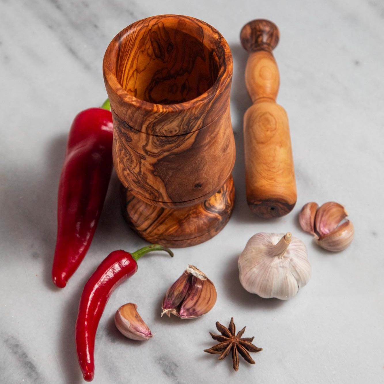 Handmade Olive Wood Mortar and Pestle – Rustic Kitchen Decor - Thumbnail 2