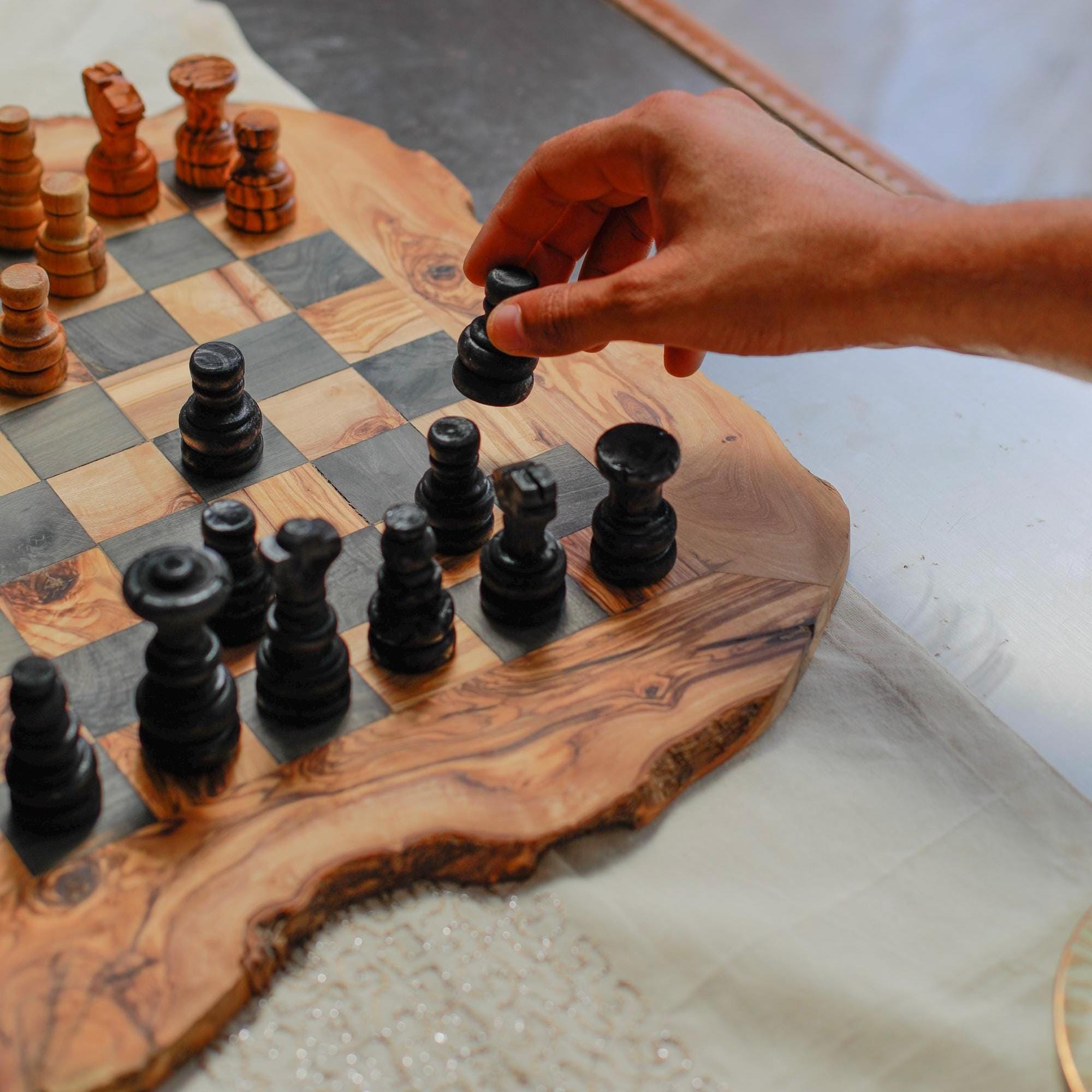 Handcrafted Olive Wood Chess Set: Artisan Board Game - Thumbnail 4